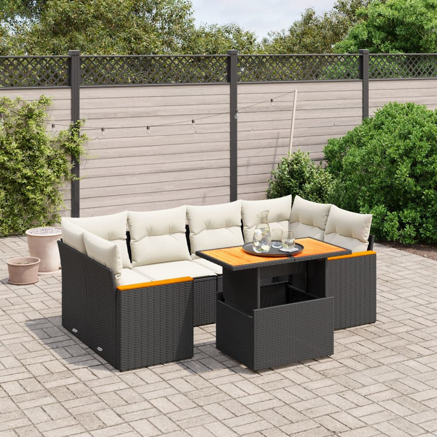 Set Canapele De Grădină Cu Perne, 7 Piese, Negru, Poliratan