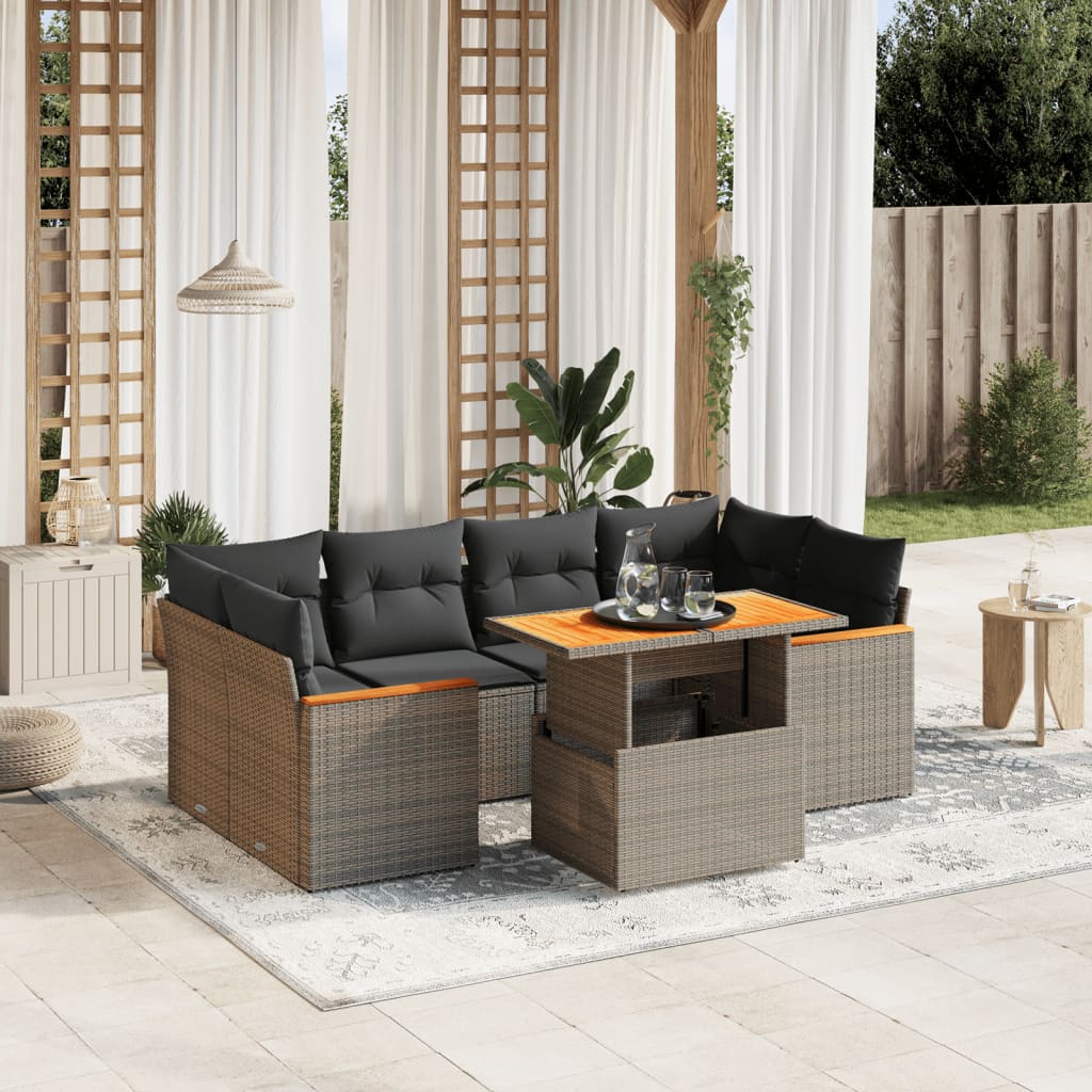 Set Canapele De Grădină Cu Perne, 7 Piese, Negru, Poliratan
