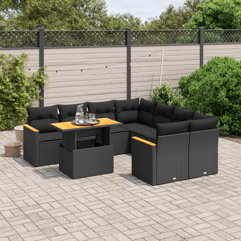 Set Mobilier De Grădină Cu Perne, 9 Piese, Negru, Poliratan