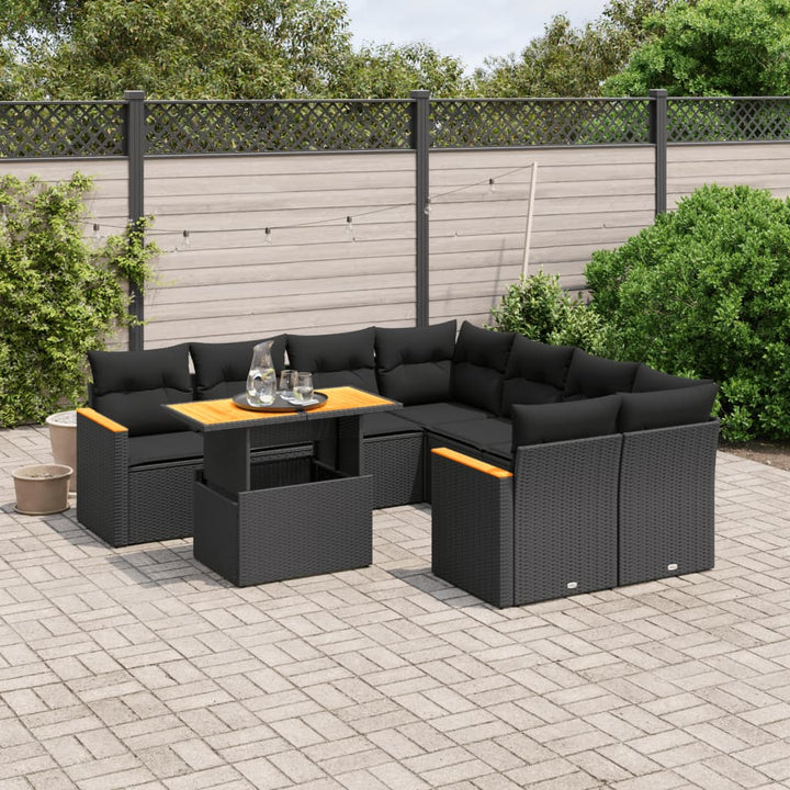 Set Mobilier De Grădină Cu Perne, 9 Piese, Negru, Poliratan