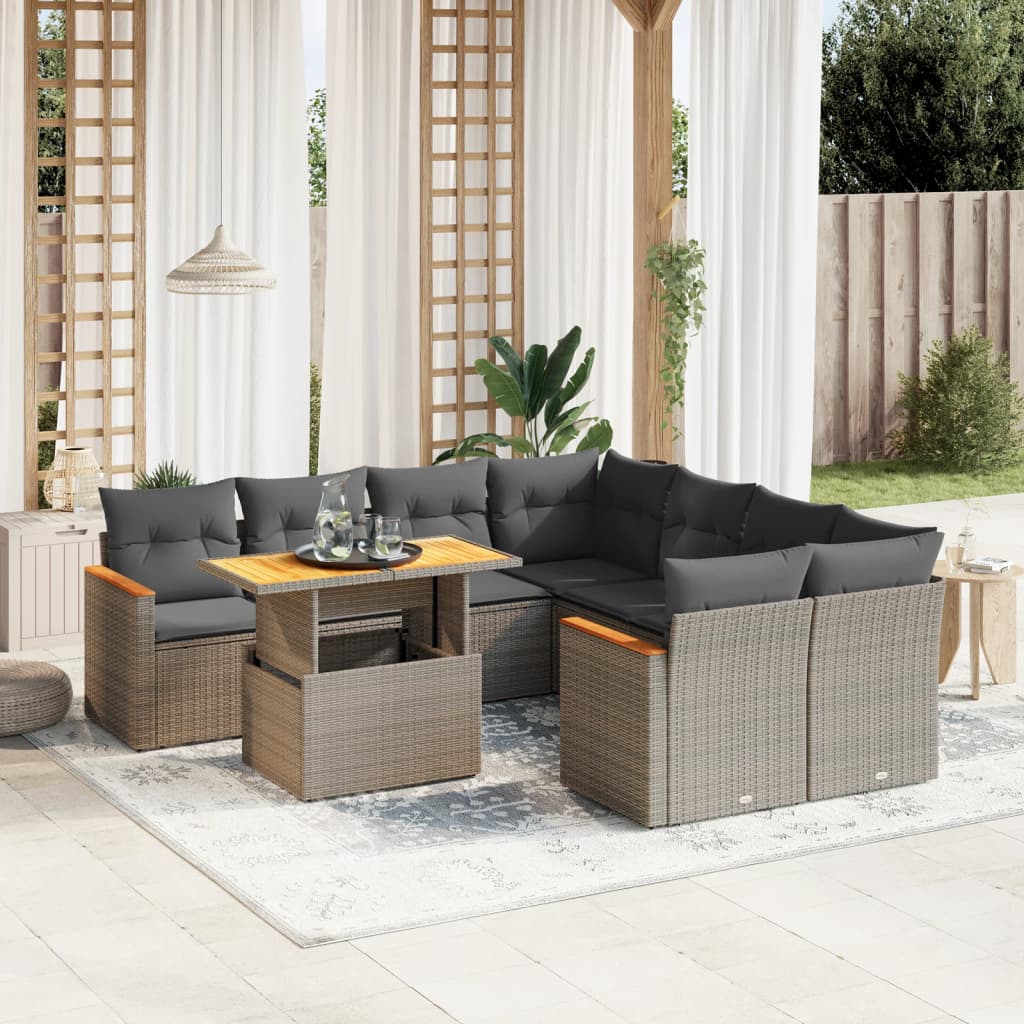Set Mobilier De Grădină Cu Perne, 9 Piese, Negru, Poliratan