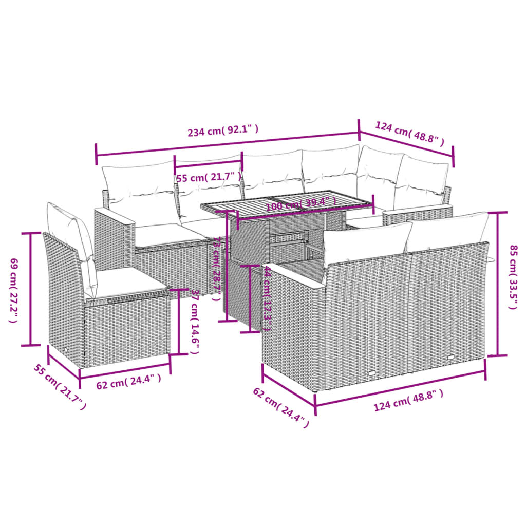 Set Mobilier De Grădină Cu Perne, 9 Piese, Negru, Poliratan
