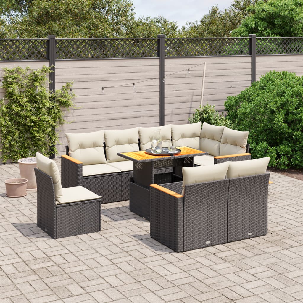 Set Mobilier De Grădină Cu Perne, 9 Piese, Negru, Poliratan