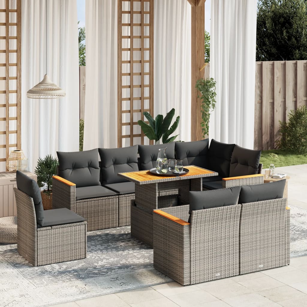 Set Mobilier De Grădină Cu Perne, 9 Piese, Negru, Poliratan