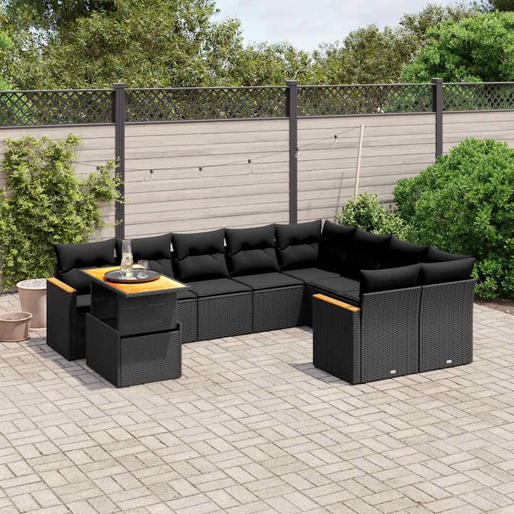 Set Canapele De Grădină Cu Perne, 10 Piese, Negru, Poliratan