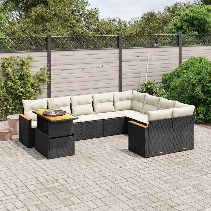 Set Canapele De Grădină Cu Perne, 10 Piese, Negru, Poliratan