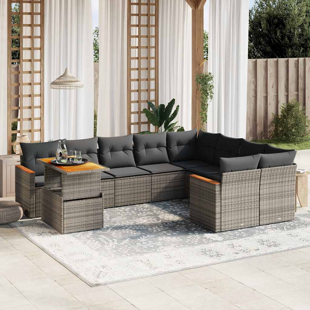 Set Canapele De Grădină Cu Perne, 10 Piese, Negru, Poliratan