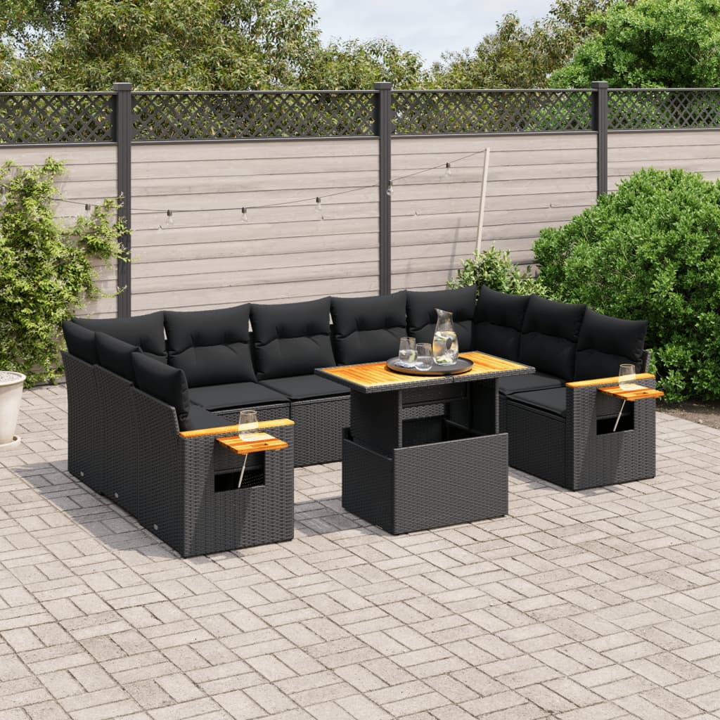 Set Canapele De Grădină Cu Perne, 10 Piese, Negru, Poliratan