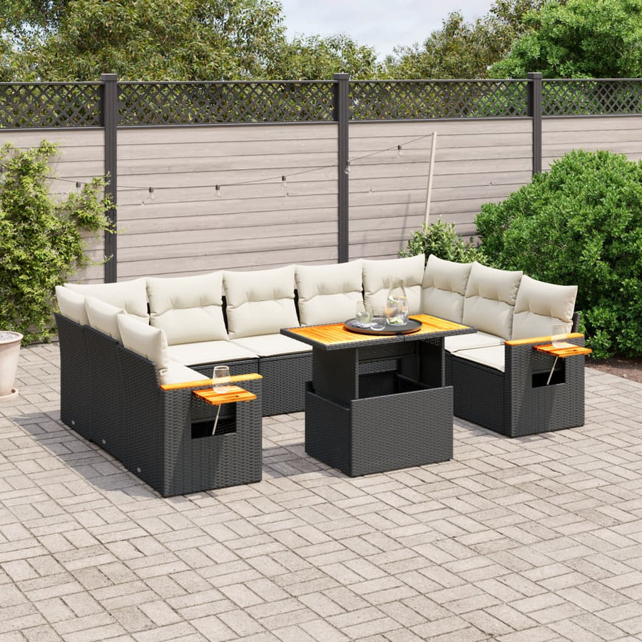 Set Canapele De Grădină Cu Perne, 10 Piese, Negru, Poliratan