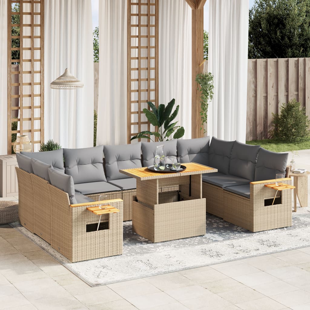 Set Canapele De Grădină Cu Perne, 10 Piese, Negru, Poliratan