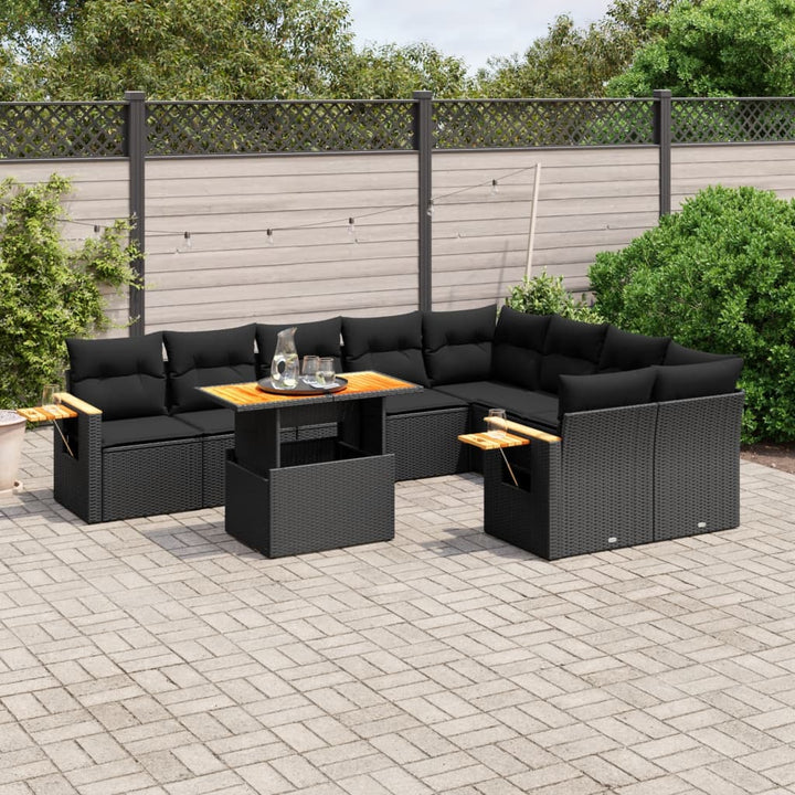 Set Canapele De Grădină Cu Perne, 10 Piese, Negru, Poliratan