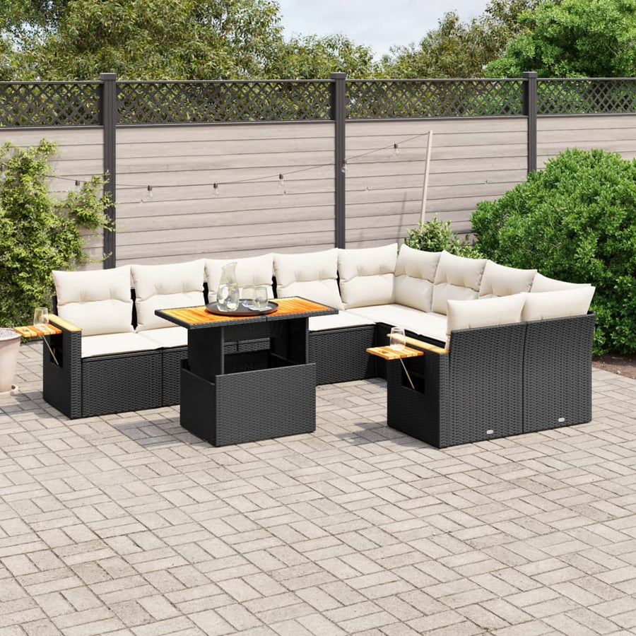 Set Canapele De Grădină Cu Perne, 10 Piese, Negru, Poliratan