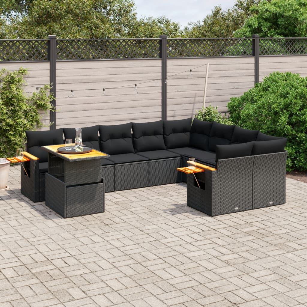 Set Canapele De Grădină Cu Perne, 10 Piese, Negru, Poliratan