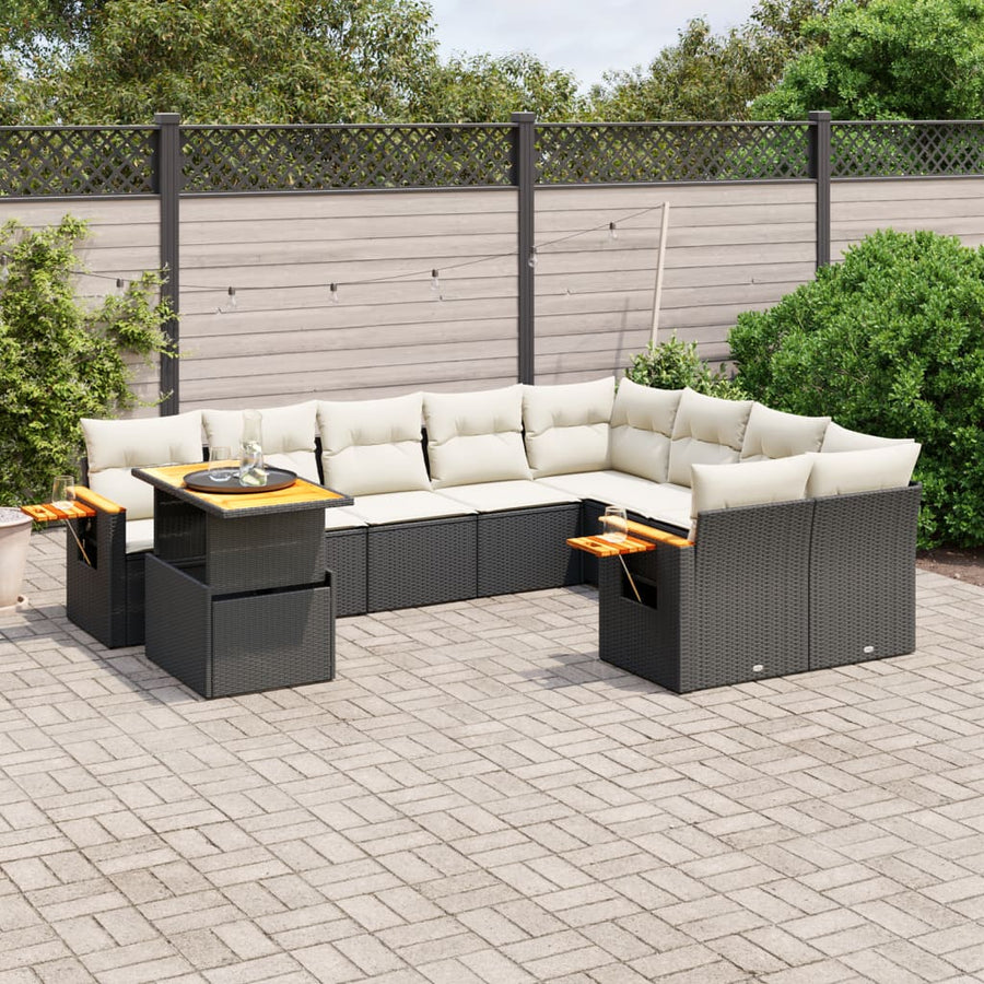 Set Canapele De Grădină Cu Perne, 10 Piese, Negru, Poliratan