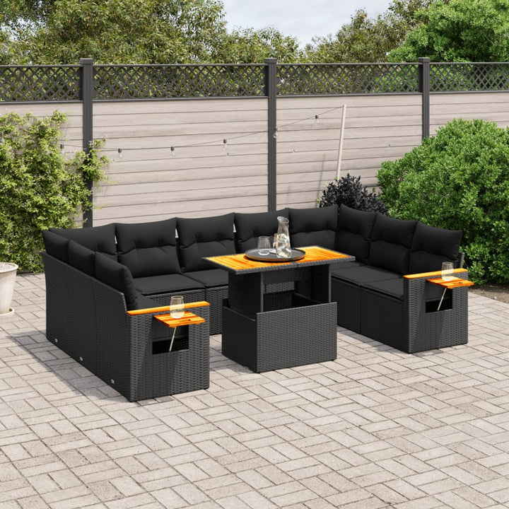 Set Canapele De Grădină Cu Perne, 11 Piese, Negru, Poliratan