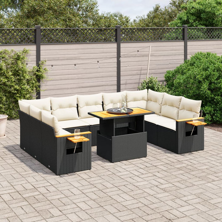 Set Canapele De Grădină Cu Perne, 11 Piese, Negru, Poliratan