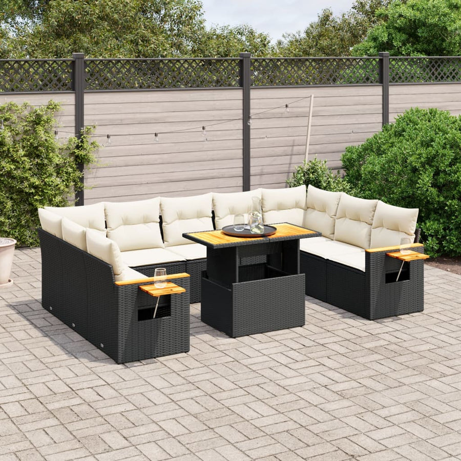 Set Canapele De Grădină Cu Perne, 11 Piese, Negru, Poliratan