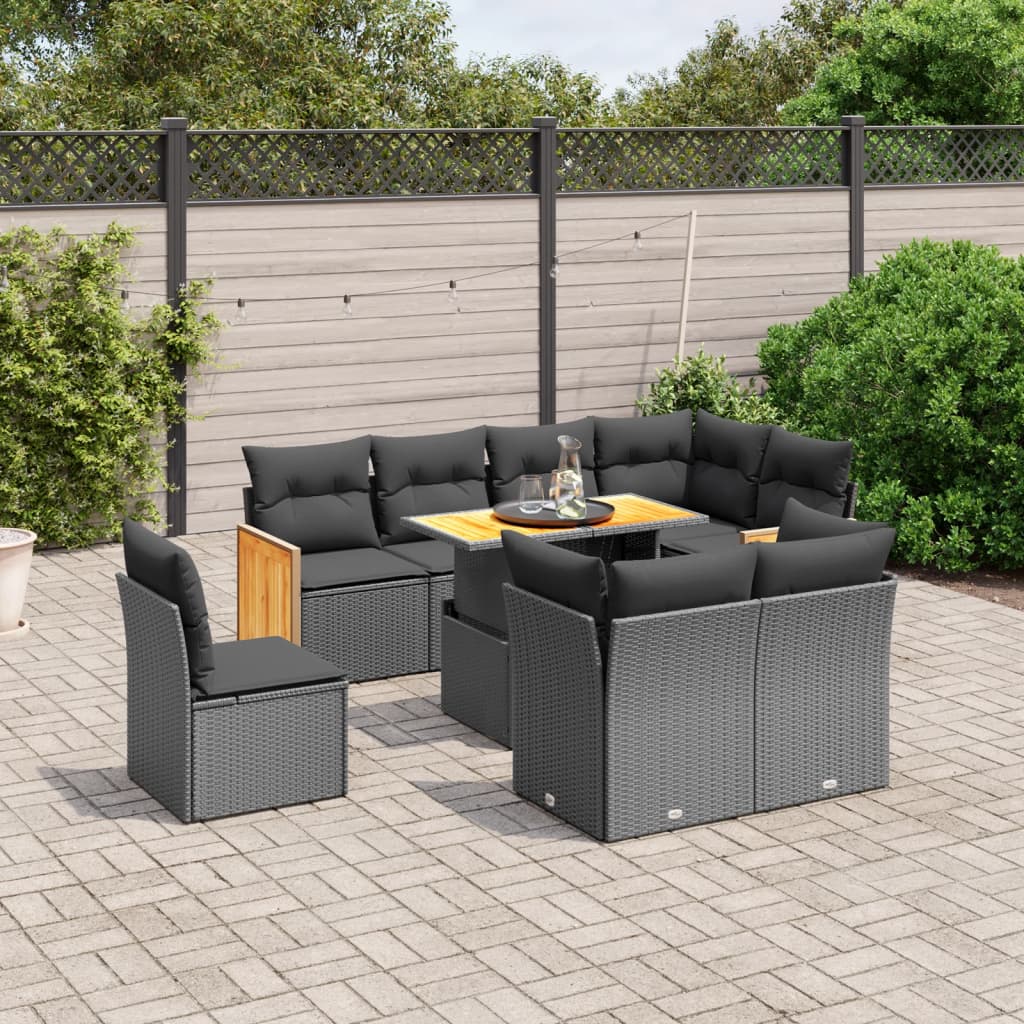 Set Mobilier De Grădină Cu Perne, 9 Piese, Negru, Poliratan