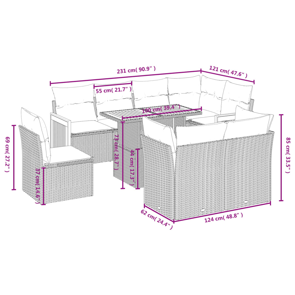 Set Mobilier De Grădină Cu Perne, 9 Piese, Negru, Poliratan