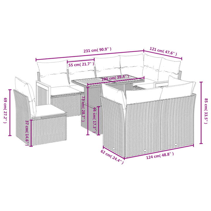 Set Mobilier De Grădină Cu Perne, 9 Piese, Negru, Poliratan