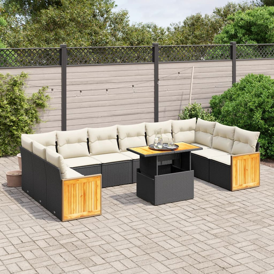 Set Canapele De Grădină Cu Perne, 11 Piese, Negru, Poliratan