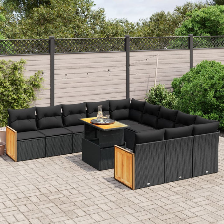 Set Canapele De Grădină Cu Perne, 11 Piese, Negru, Poliratan
