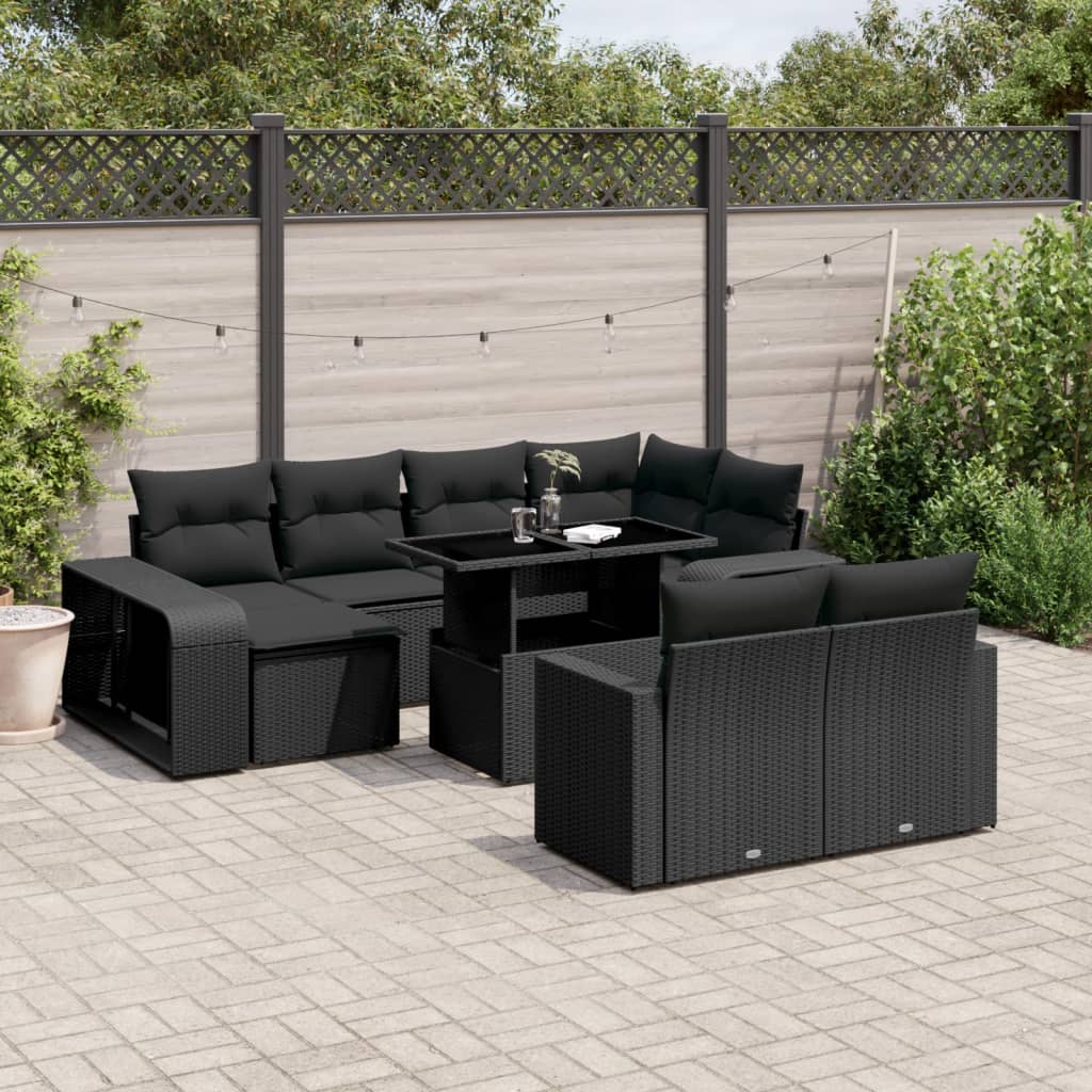 Set Canapele De Grădină Cu Perne, 11 Piese, Negru, Poliratan