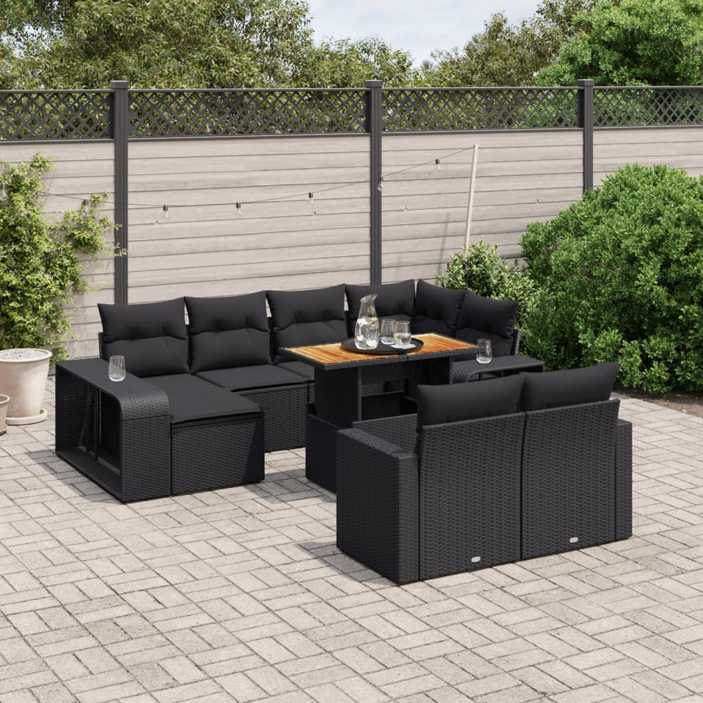 Set Canapele De Grădină Cu Perne, 11 Piese, Negru, Poliratan