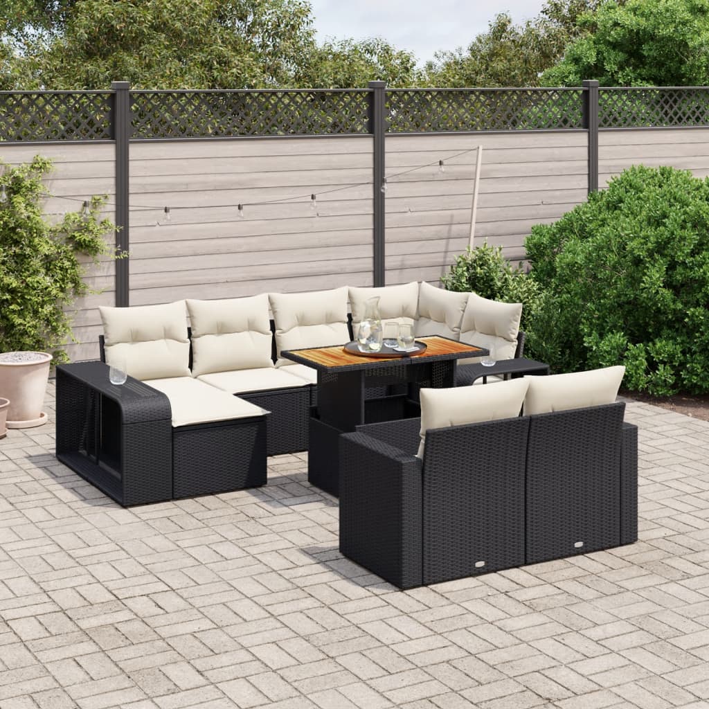 Set Canapele De Grădină Cu Perne, 11 Piese, Negru, Poliratan