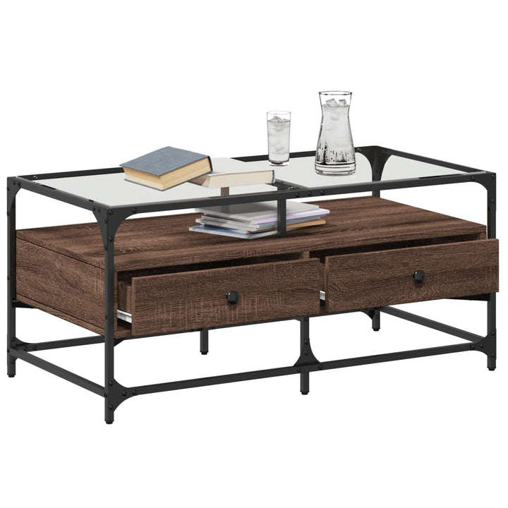 Măsuță Cafea Cu Blat Din Sticlă Stejar Maro 98,5X50X45 Cm Oțel