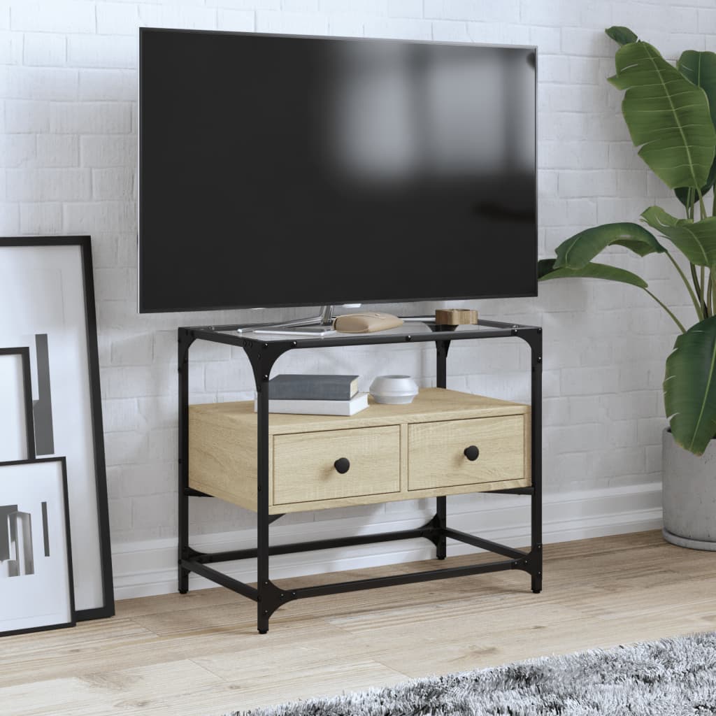 Dulap Tv Blat Sticlă, Stejar Maro, 98X35X51 Cm Lemn Prelucrat