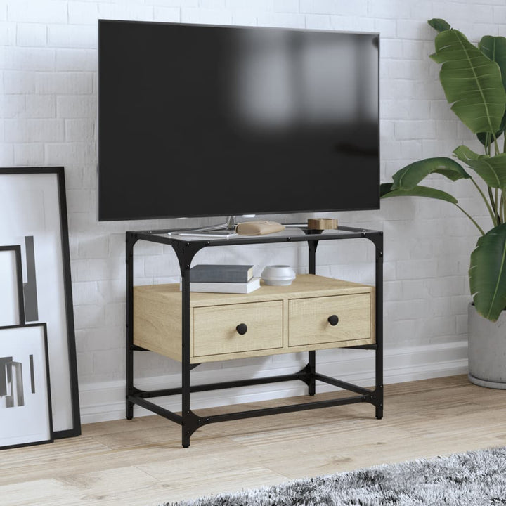 Dulap Tv Blat Sticlă, Stejar Maro, 98X35X51 Cm Lemn Prelucrat