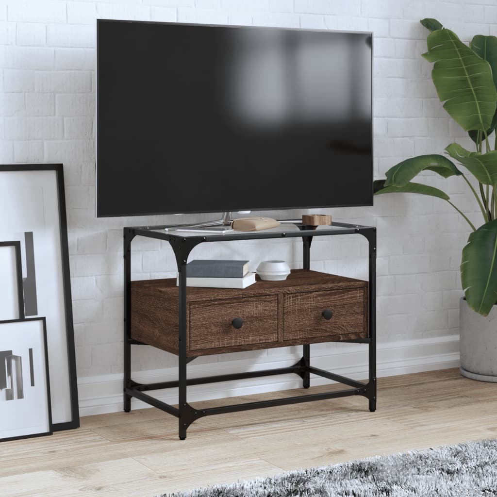 Dulap Tv Blat Sticlă, Stejar Maro, 98X35X51 Cm Lemn Prelucrat