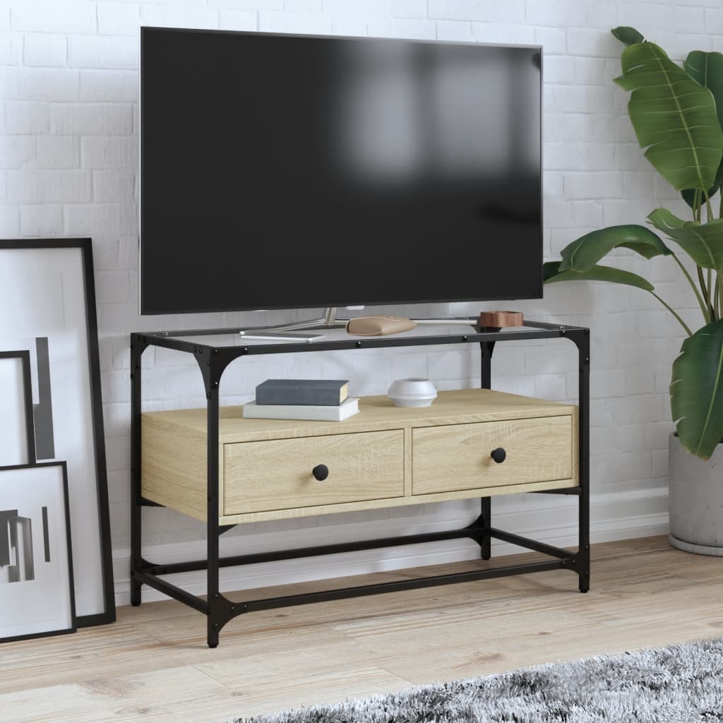 Dulap Tv Blat Sticlă, Stejar Maro, 98X35X51 Cm Lemn Prelucrat