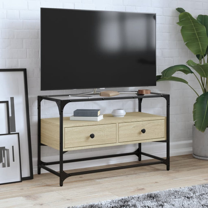 Dulap Tv Blat Sticlă, Stejar Maro, 98X35X51 Cm Lemn Prelucrat