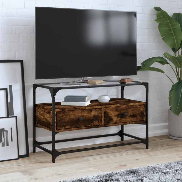 Dulap Tv Blat Sticlă, Stejar Maro, 98X35X51 Cm Lemn Prelucrat