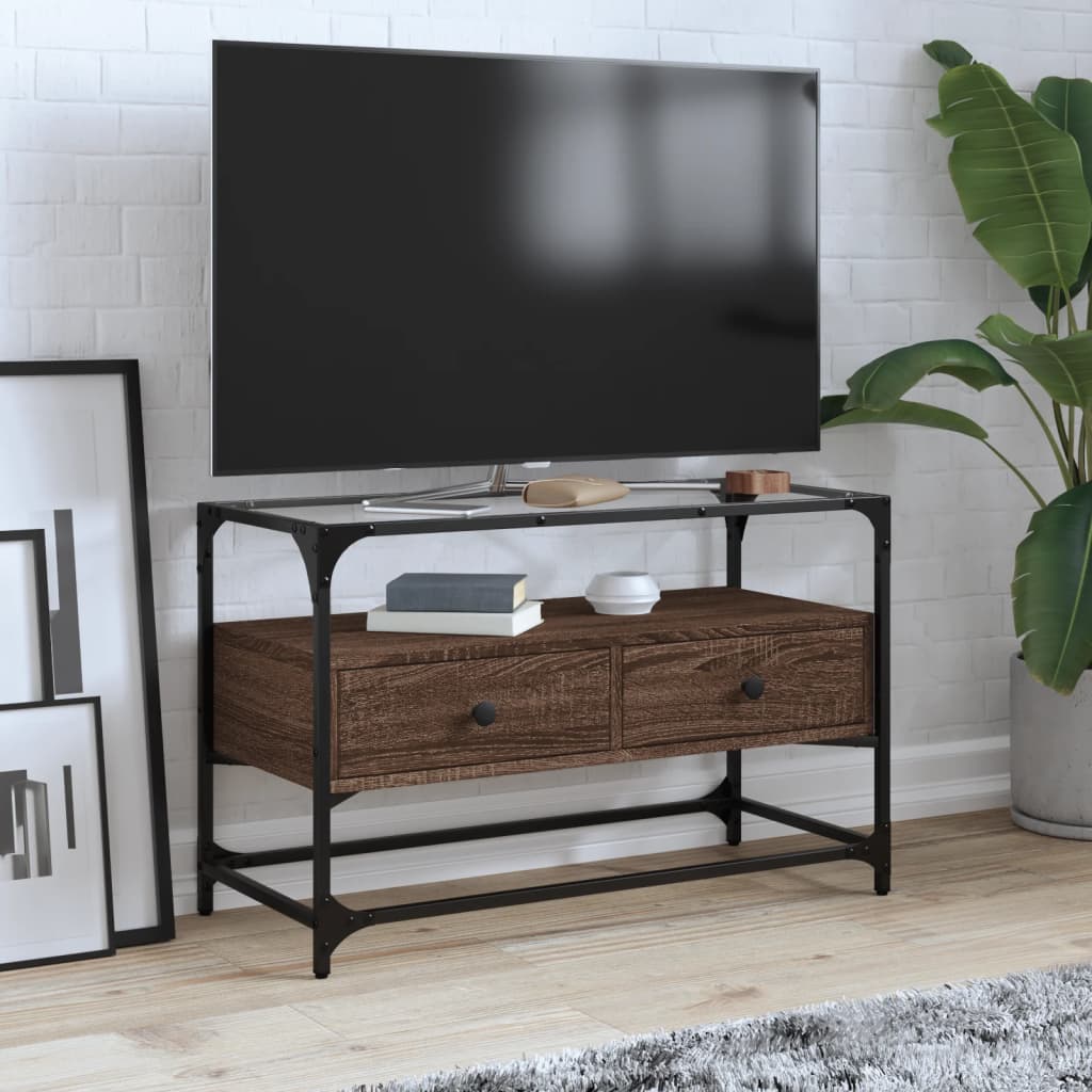 Dulap Tv Blat Sticlă, Stejar Maro, 98X35X51 Cm Lemn Prelucrat