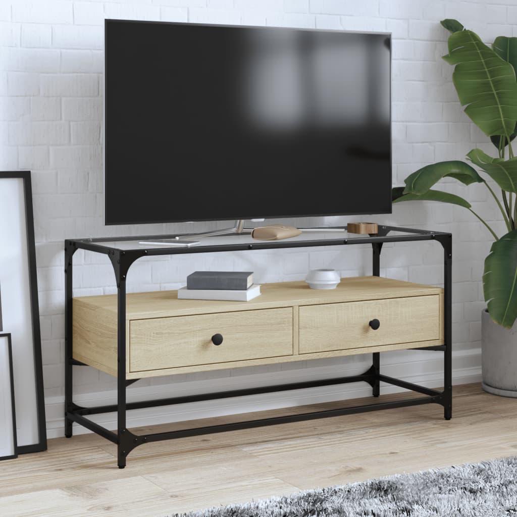 Dulap Tv Blat Sticlă, Stejar Maro, 98X35X51 Cm Lemn Prelucrat