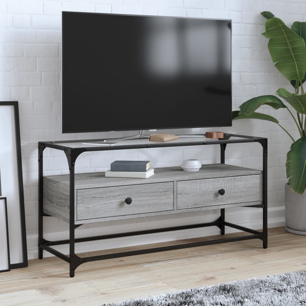 Dulap Tv Blat Sticlă, Stejar Maro, 98X35X51 Cm Lemn Prelucrat