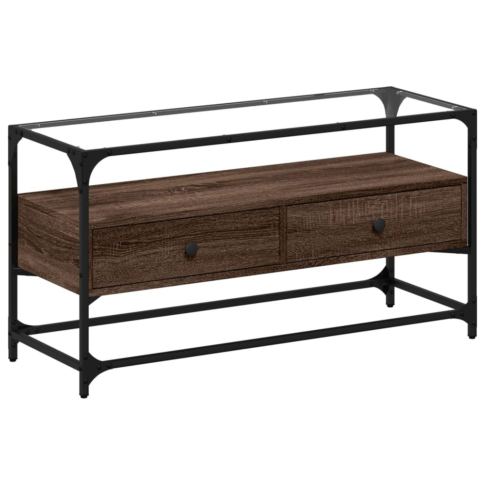 Dulap Tv Blat Sticlă, Stejar Maro, 98X35X51 Cm Lemn Prelucrat