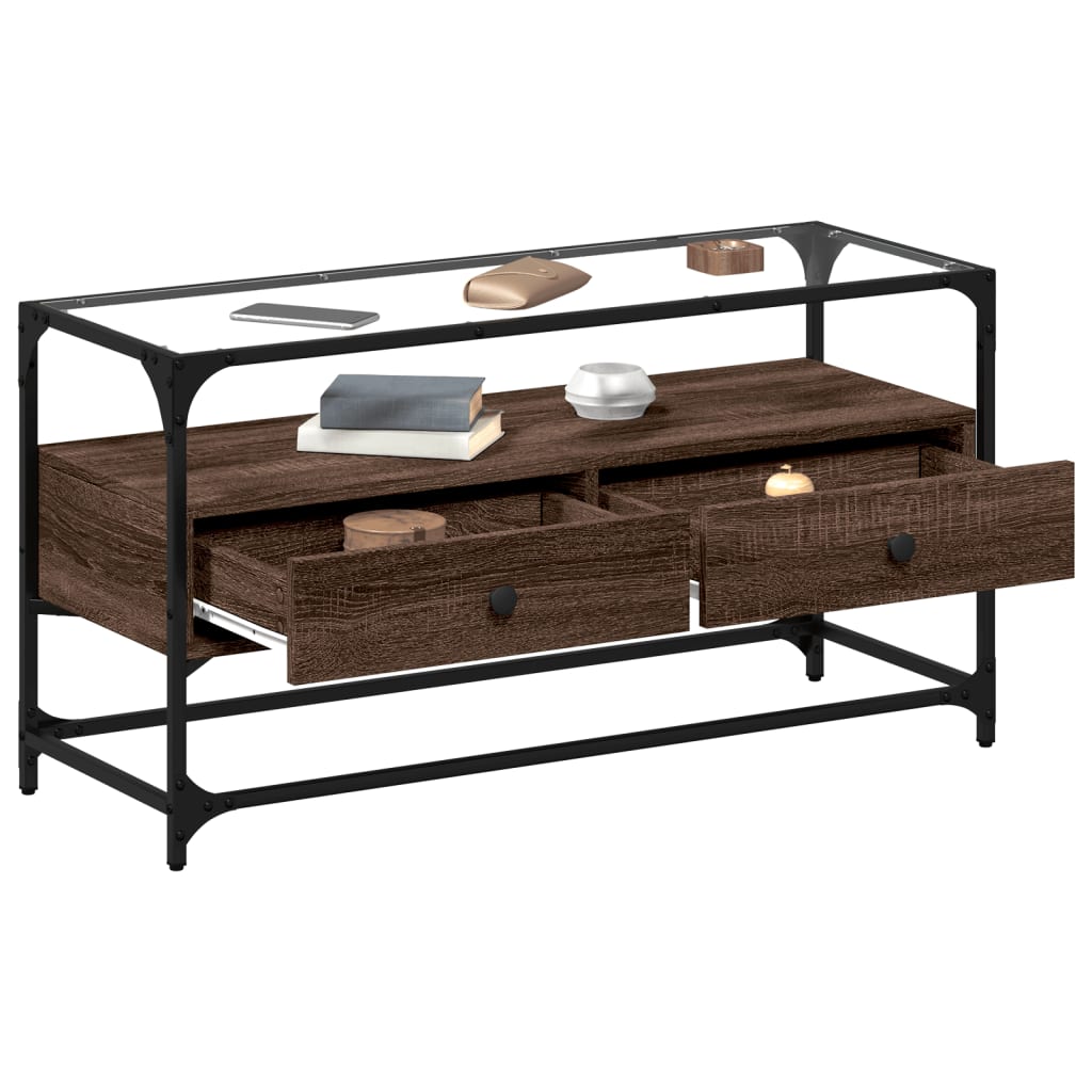 Dulap Tv Blat Sticlă, Stejar Maro, 98X35X51 Cm Lemn Prelucrat