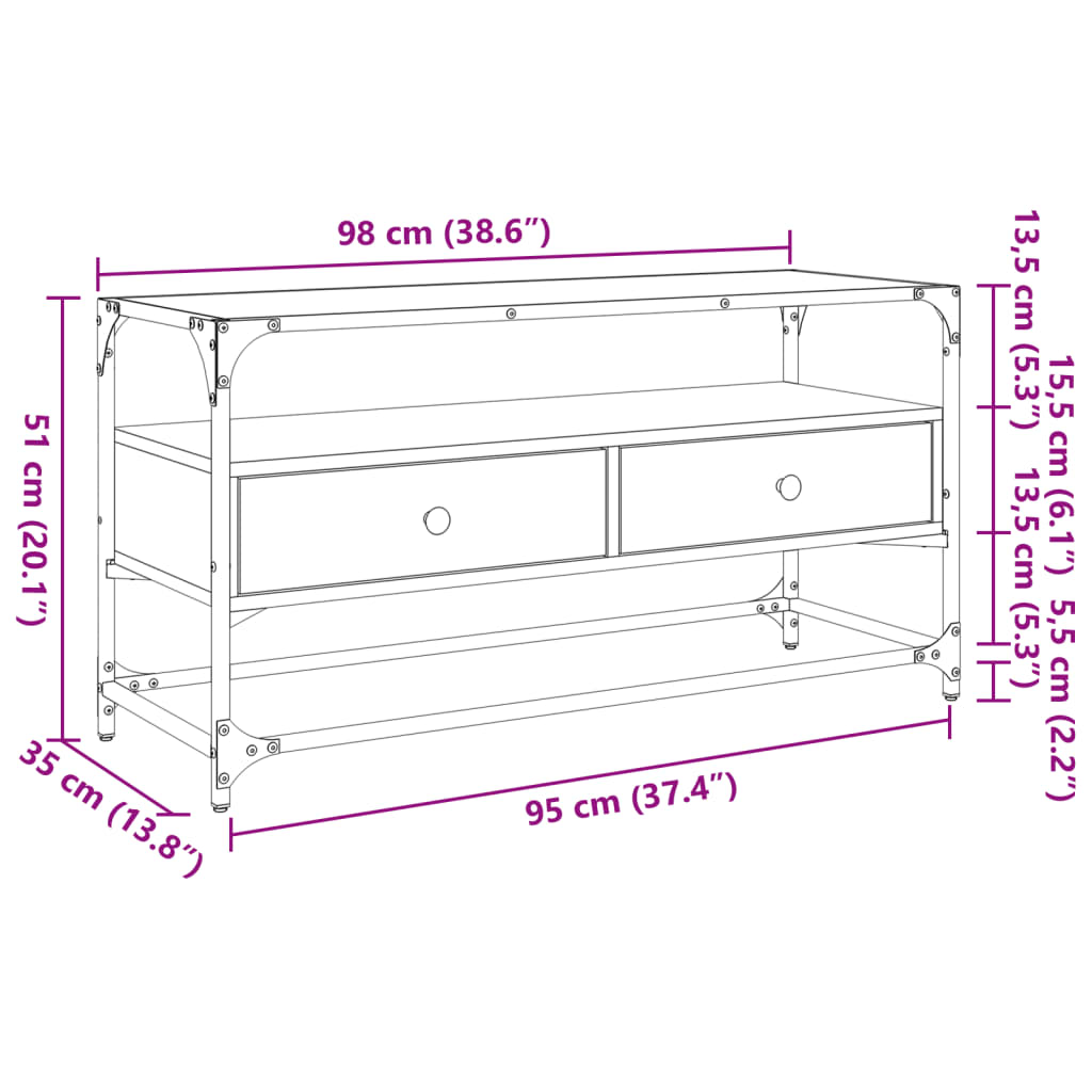 Dulap Tv Blat Sticlă, Stejar Maro, 98X35X51 Cm Lemn Prelucrat