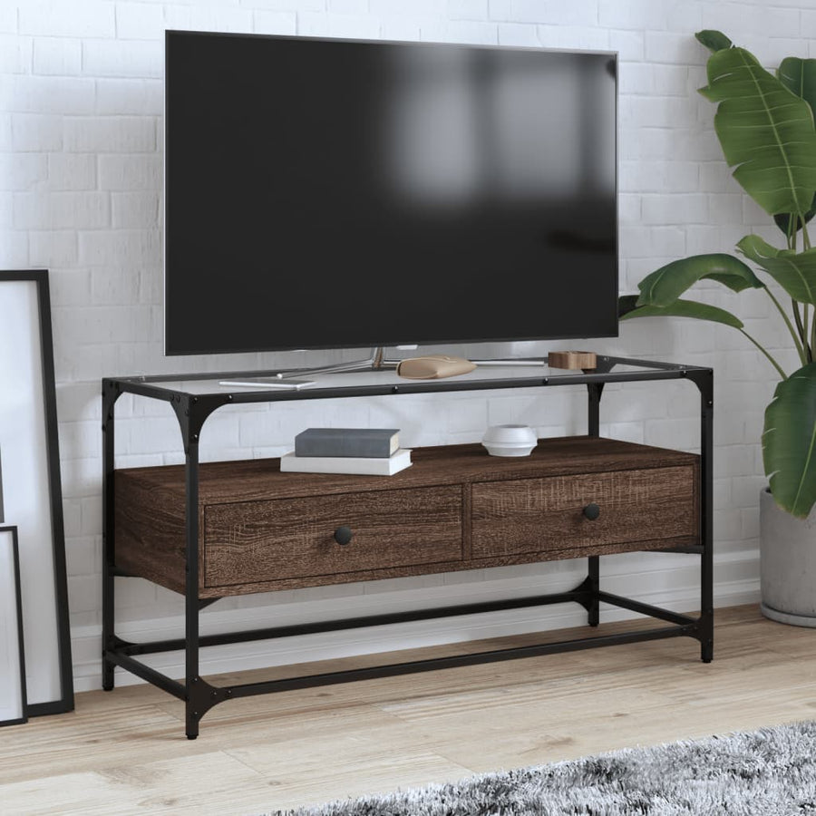 Dulap Tv Blat Sticlă, Stejar Maro, 98X35X51 Cm Lemn Prelucrat