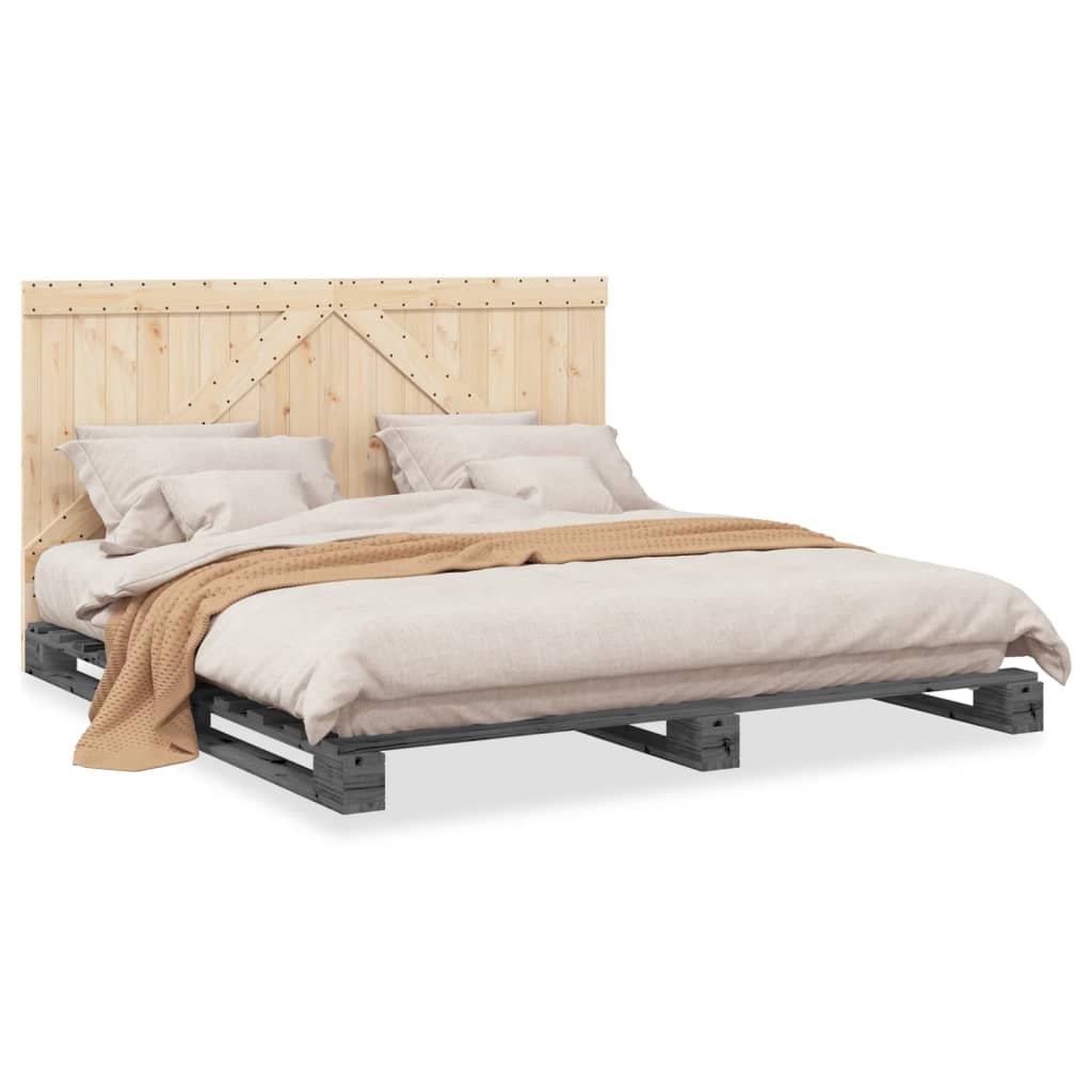 Cadru Pat Cu Tăblie 200X200 Cm, Gri, Lemn Masiv De Pin