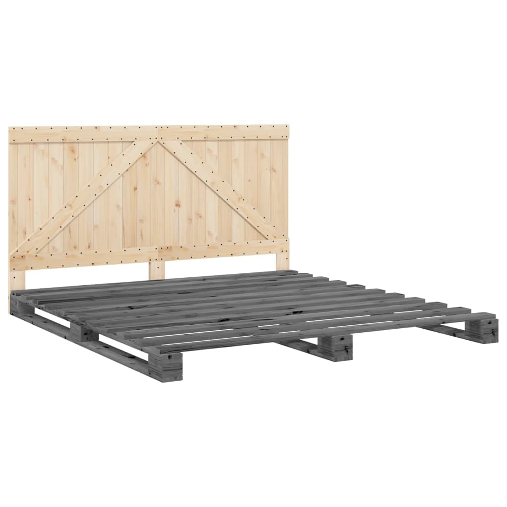 Cadru Pat Cu Tăblie 200X200 Cm, Gri, Lemn Masiv De Pin
