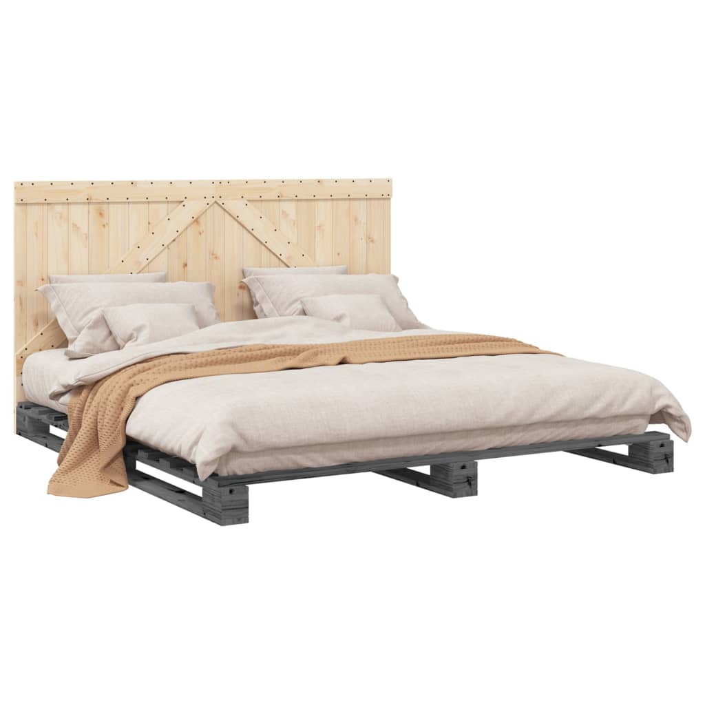 Cadru Pat Cu Tăblie 200X200 Cm, Gri, Lemn Masiv De Pin