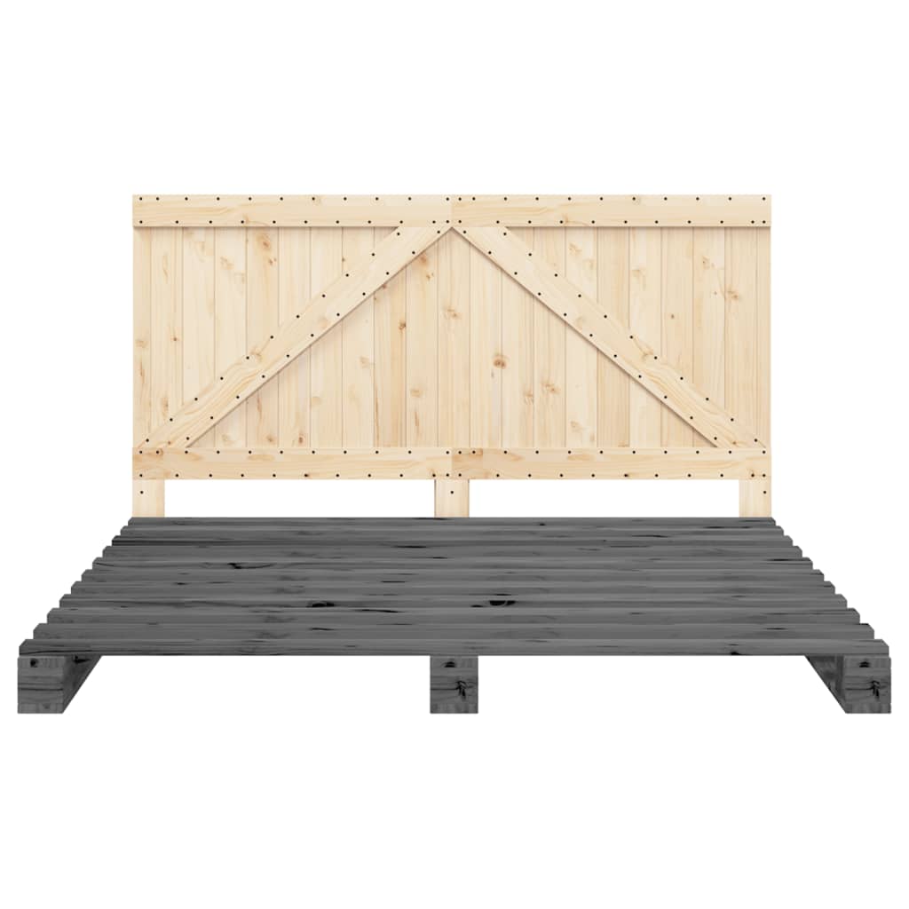 Cadru Pat Cu Tăblie 200X200 Cm, Gri, Lemn Masiv De Pin