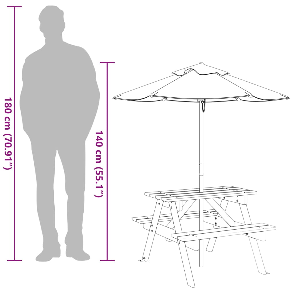 Masă De Picnic Pentru 4 Copii, Cu Umbrelă, Lemn Masiv Brad