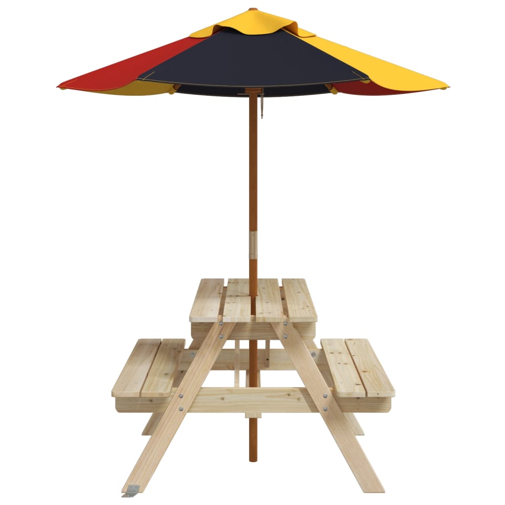 Masă De Picnic Pentru 4 Copii, Cu Umbrelă, Lemn Masiv Brad