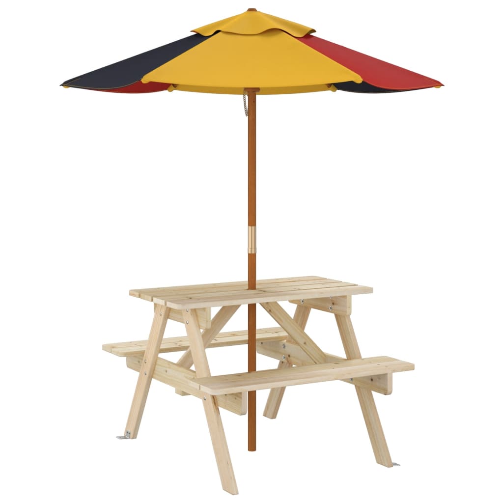 Masă De Picnic Pentru 4 Copii, Cu Umbrelă, Lemn Masiv Brad